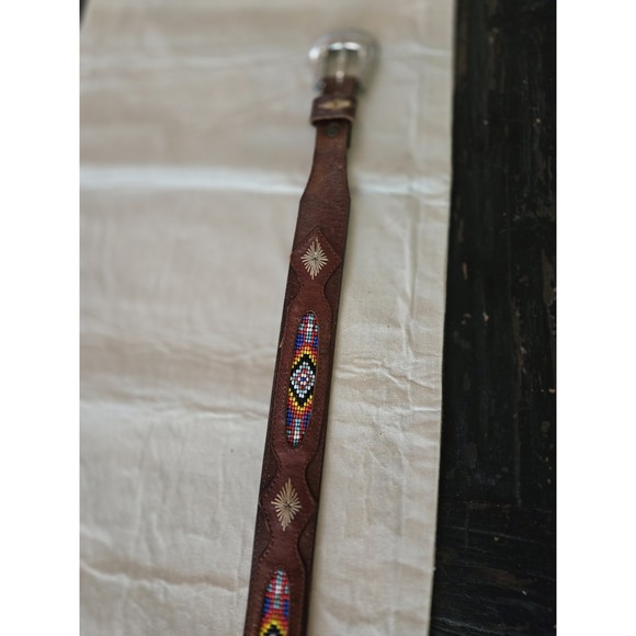 Ladies Accessories - Vintage Belt Leather Beaded Leegin Montana Silvertone Brass Buckle Western